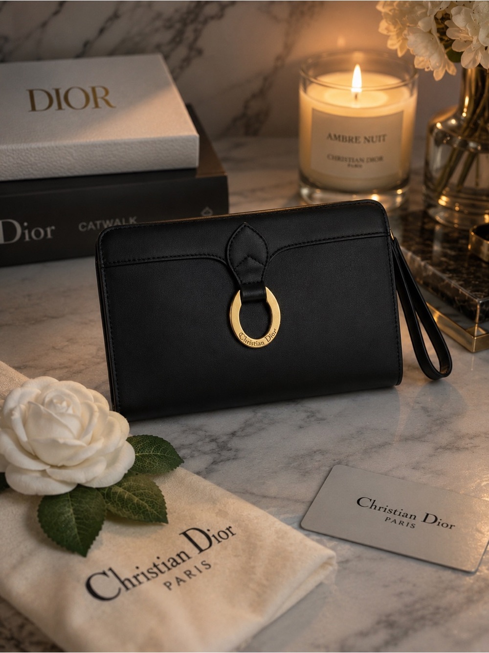 Dior Black Leather Wristlet with Gold Ring Accent